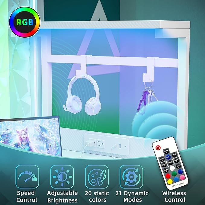 TIQLAB Gaming Desk 40 inch with Power Outlet and LED Light, Computer Desk with Reversible Shelves and Storage Drawer, Small PC Desk for Home Office Table with Bag, Carbon Fiber White