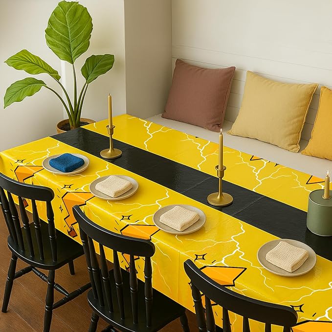 16Pcs 2in1 Yellow Cartoon Birthday Party Decorations Tablecloth, 54" x 108" Table Cloth Disposable Rectangle Plastic Table Cover for Kids Baby Shower Party Supplies