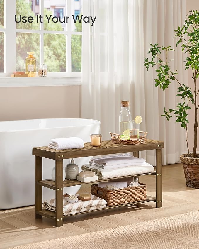 SONGMICS Shoe Rack Bench, 3-Tier Bamboo Shoe Storage Organizer, Entryway Bench, Holds Up to 286 lb, 11.3 x 35.4 x 17.8 Inches, for Entryway Bathroom Bedroom, Yellow Brown ULBS090K01