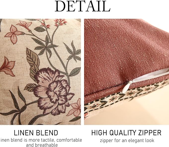 Design Linen Vintage Throw Pillow Covers 12"x20" Pack of 2, Rectangle Cushion Covers with Blue Pink Flowers Green Leaves Pattern Decoration Pillowcases for Bed,Living Room,Outdoor,Car