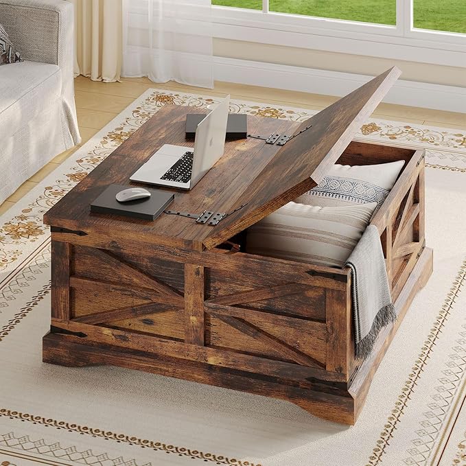 oneinmil Farmhouse Coffee Table with Storage Organizer, Square Coffee Tables with Large Storage Space, Center Table for Living Room, Bedroom, Home Office, Rustic Brown