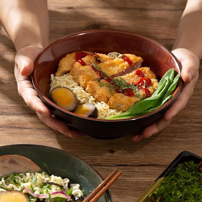 8 Inch Ceramic Ramen Bowl Set of 2, 40oz Japanese Bowls with Spoons & Chopsticks,Durable,Microwave & Dishwasher Safe,Perfect for Ramen,Pho,Salad,Soup,Noodles，Mixing bowls（Carnelian）