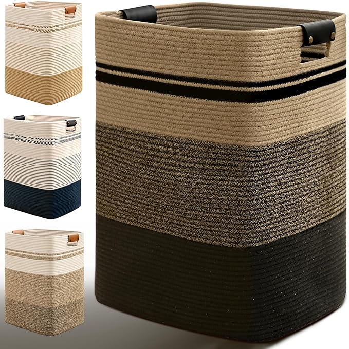 Laundry Hamper, 95L Tall Laundry Basket with Leather Handles, Rectangle Large Clothes Hamper for Organizing, Cotton Woven Laundry Baskets Storage Hampers for Bedroom, Nursery, Living Room
