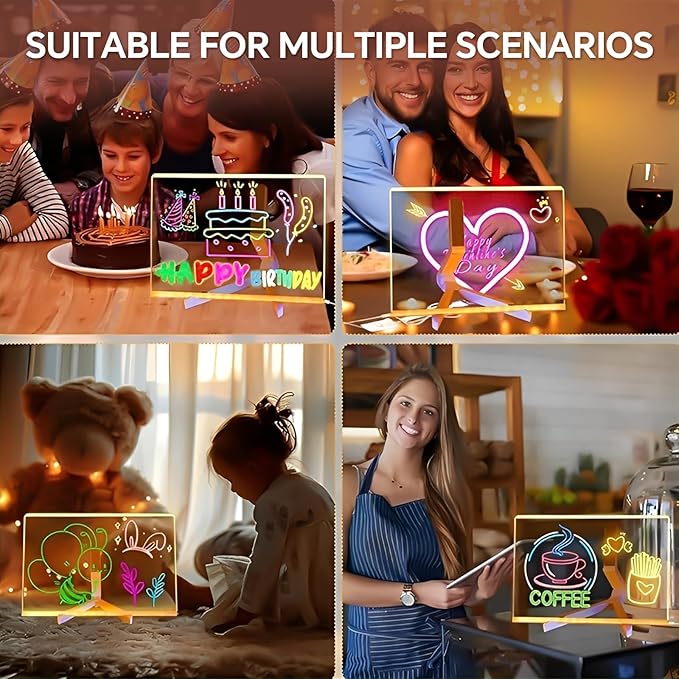 Led Drawing Board, Acrylic Dry Erase Board with Bracket, 11.8" X 7.9” Glow Writing Board, Led Note Board Comes with 7 Drawing Pens and 5 Cartoon Doodle Paper for Office School Home