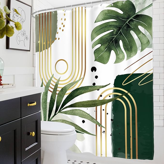 Glawry Green Gold Boho Mid Century Shower Curtain Extra Long Abstract Tropical Plant Minimalist Modern Geometric Bathroom Palm Leaf 72Wx84L Inches Bath Accessories Art Home Decor Fabric 12 Pack Hooks