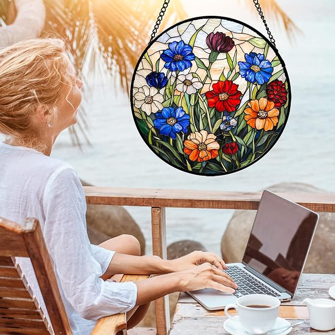 Stained Glass Suncatcher, Colorful Flowers Green Leaf Sun Catcher Landscape Stain Glass Window Hanging Decoration Mother's Day Birthday Gifts for Women Men Mom Nana 6.3 in