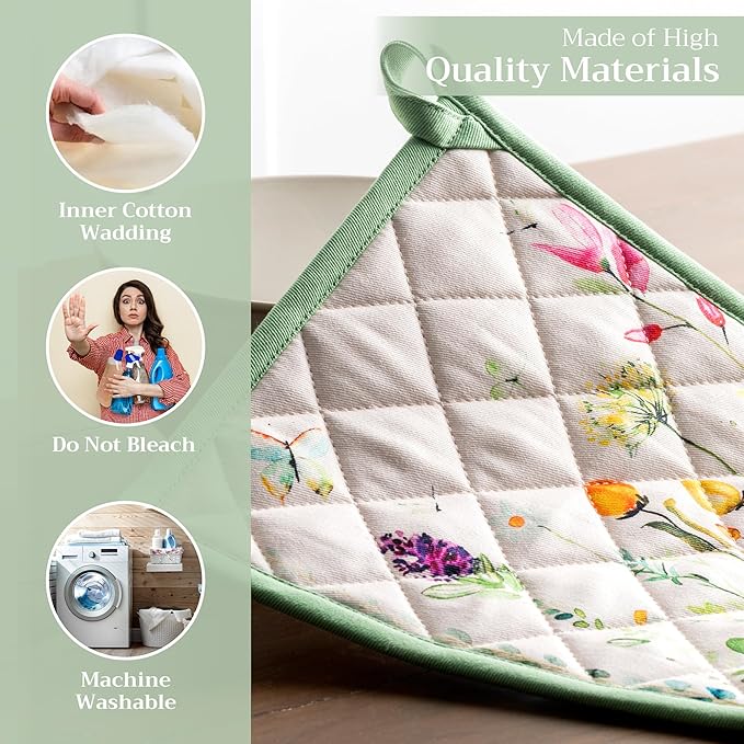 Maison d' Hermine Pot Holders 100% Cotton Heat Resistant Potholders 8" x 8" Hot Pads with Loop BBQ, Cooking, Baking, Grilling, Kitchen, Handling Hot Pans Spring/Summer (Pack of 1, Botanical Fresh)
