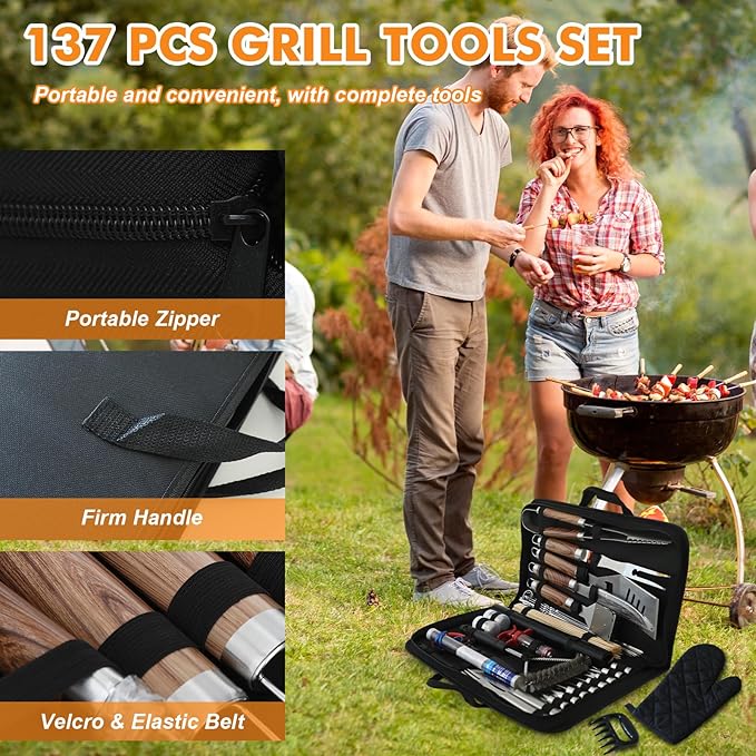 137PCS BBQ Grill Accessories Set – Stainless Steel Grill Tools for Outdoor Grill with Carrying Case, Heatproof Handles & BBQ Utensils for Camping, Backyard & Gifts