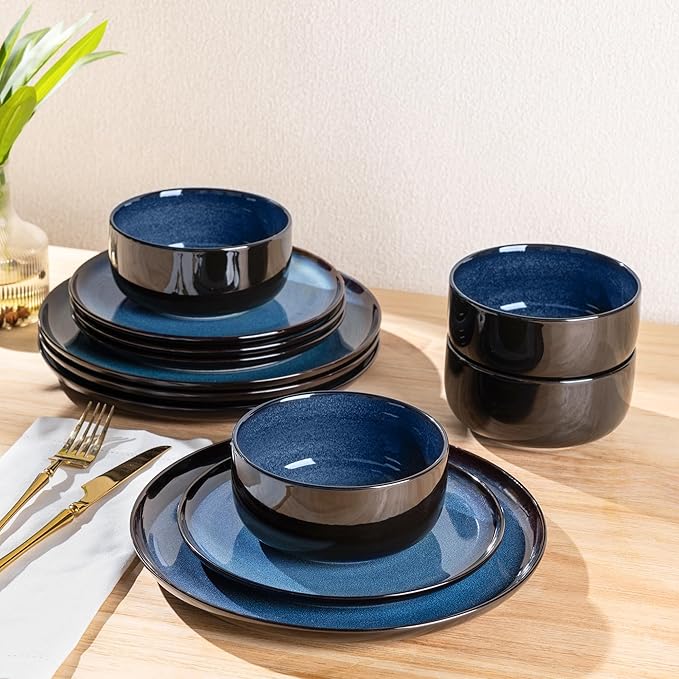 LERATIO Ceramic Dinnerware Sets for 4,12 Pieces Poreclain Plates and Bowls Sets,Scratch Resistant Dishes,Dishwasher & Microwave Safe,Oven Safe Dishes Set,Service for 4 - Blue