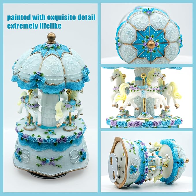 Carousel Music Box，Luxury Color Change LED Light Music Box,Luminous Rotating 3-Horse Musical Box with Gift Box for Girls Birthday Valentine Gift (You are My Sunshine, Blue)