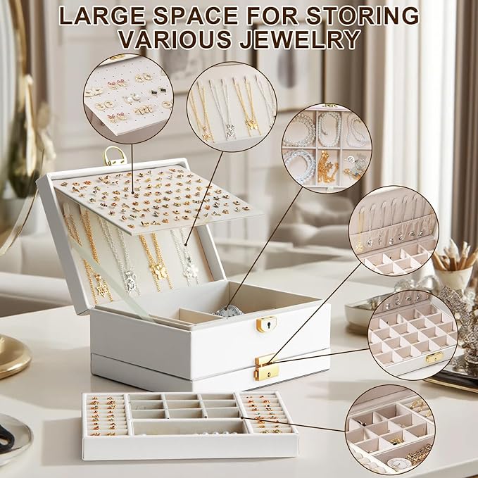 Yoobao Jewelry Organizer Box for Women, 3 Layer Large Jewelry Case with Removable Tray for Earrings Necklaces Rings Bracelets, Double Lock, Ideal Present for Christmas Valentine Mother's Day