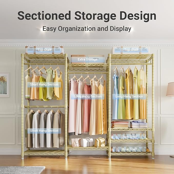 VIPEK V5 Portable Closet Wardrobe Heavy Duty Clothes Rack, Freestanding Metal Clothing Racks Custom Closet Racks with 8 Adjustable Shelves, 68.9" Lx15.7 Wx76.4 H, Max Load 890LBS, Gold