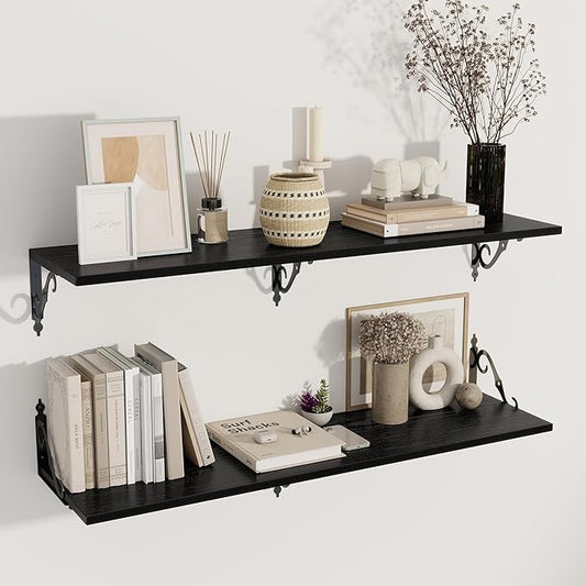 Deep Floating Shelves, 48" W x 12" D Wall Shelves Set of 2, Wide Display Shelf Wall Mounted with Brackets, Bookshelf for Living Room, Bathroom, Bedroom, Black