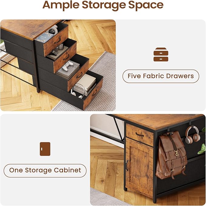 SEDETA L Shaped Desk, 63" Computer Desk with 5 Drawer & Power Outlet, Long Home Office Desk or Corner Desk, L Shaped Corner Desk with Monitor Shelf, Storage Cabinet, Rustic Brown