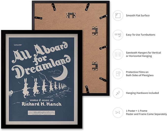 Poster Master All Aboard For Dreamland Poster - Retro Children's Lullaby Print - Story Book Art - Bunny Art - Rabbit Art - Aesthetic Art - Kid's Bedroom or Nursery Wall Decor, 11x14 Black Framed