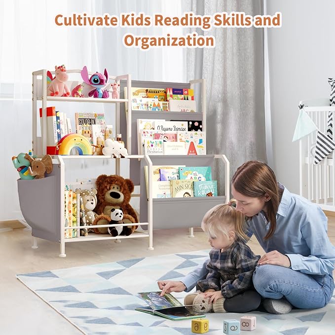 Bookshelf for Kids, 3 Tier Toddler Bookshelf with Toy Storage Organizer, Nursery Book Shelves, Kids Book Shelf Bookcase for Kid Rooms Playroom, White/Grey