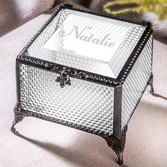 Personalized Engraved Jewelry Box Decorative Vanity Display Stained Glass Keepsake - J Devlin Box EB217-1 (Clear Honeycomb)