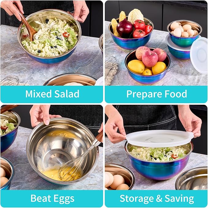 4 Piece Rainbow Mixing Bowls with Lids for Kitchen, Stainless Steel Mixing Bowls Set Ideal for Baking, Prepping, Cooking and Serving Food, Nesting Metal Mixing Bowls for Space Saving Storage