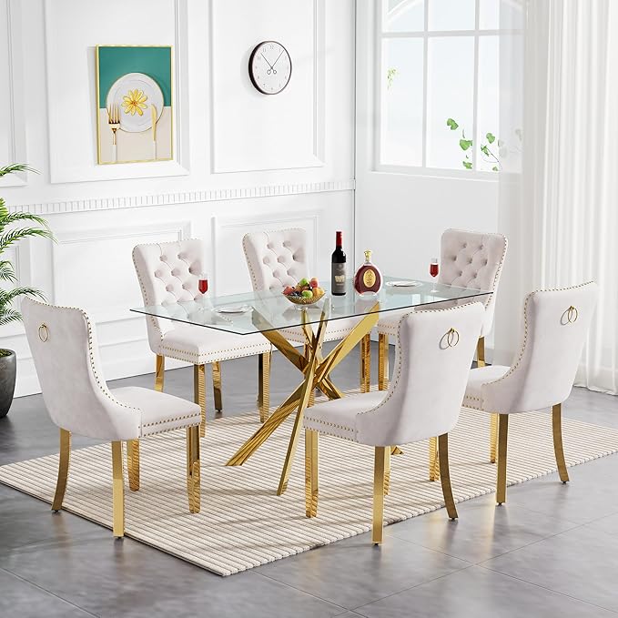 Goujxcy Glass Dining Table Set for 6, Modern Kitchen Table and Chairs Set of 6, 7-Piece Kitchen Dining Room Table Set w/51 Glass Gold Dining Table and 6 Beige Velvet Upholstered Chairs