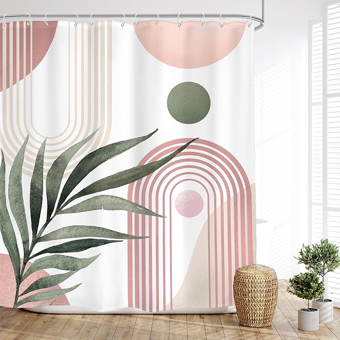 Glawry Pink Green Boho Shower Curtain Abstract Mid Century Tropical Leaves Modern Geometric Minimalist Arch Sun Bathroom Aesthetic 60Wx72L Inches Bath Accessories Art Home Decor Fabric 12 Pack Hooks