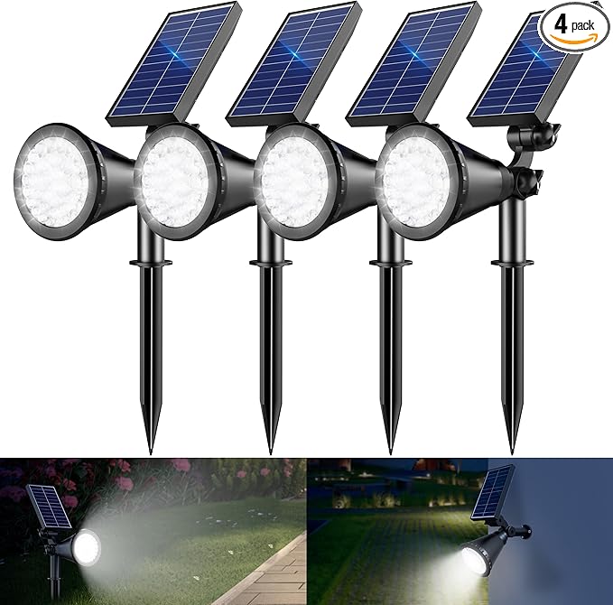 Solar Spot Lights Outdoor, 36 LEDs 1000LM Adjustable Solar Lights Outdoor Waterproof, 2-in-1 Solar Powered Spotlights Landscape Lighting for Garden, Yard, Pathway- 4 Pack (Cool White)