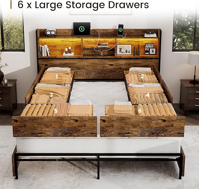 King Storage Bed Frame with 6 Drawers, USB Charging Station, No Noise, No Box Spring Required, Vintage Brown Headboard Platform Bed