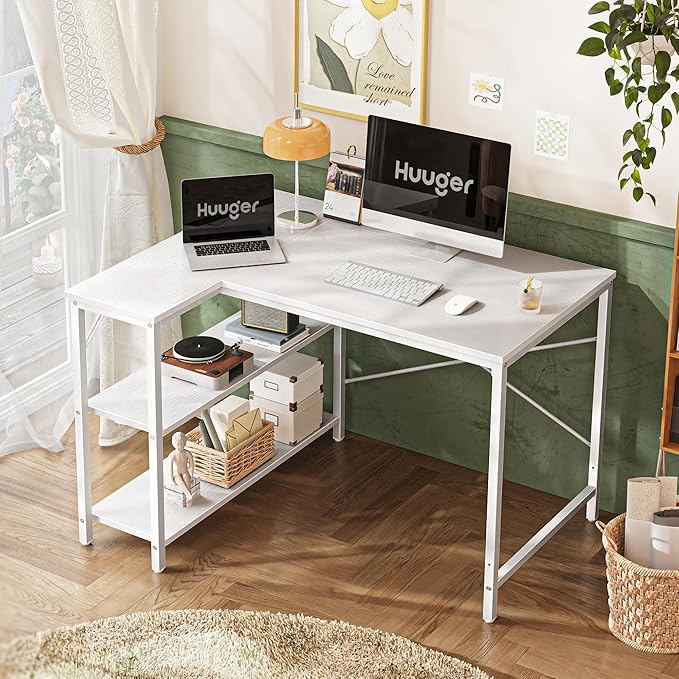 Huuger L Shaped Desk, 39 Inches Computer Desk with Reversible Storage Shelves, for Gaming Corner Home Office Writing Study, Metal Frame, White
