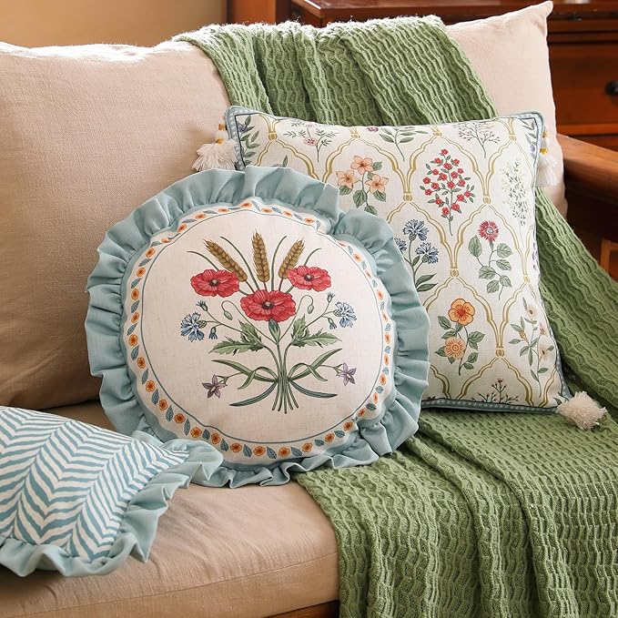 Design Linen Round Throw Pillow Covers Diameter 16" Pack of 2, Fresh Farmhouse Cushion Covers with Red Watercolor Wildflower Pattern Decor Pillowcases for Bed,Living Room,Outdoor,Car