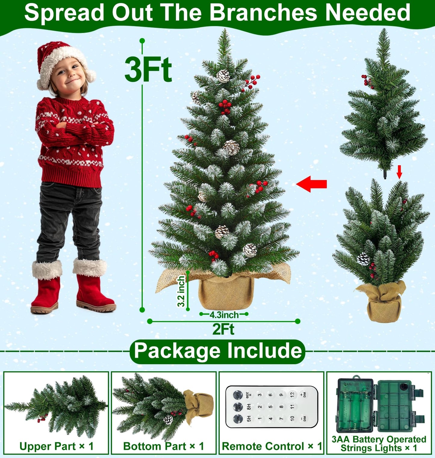 Remote Control - 3 Ft Artificial Mini Christmas Tree, Snowy Tabletop Christmas Tree 50 Warm White & Colorful Lights Timer Battery Operated 110 Branches 12 Pinecones 84 Red Berry Burlap Base Xmas Decor