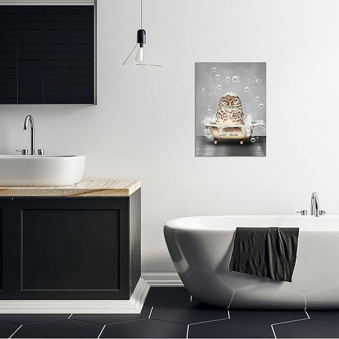 Fun Owl Bathroom Art - Animal In Bathtub Wall Decor Canvas Prints 16"x24" Framed