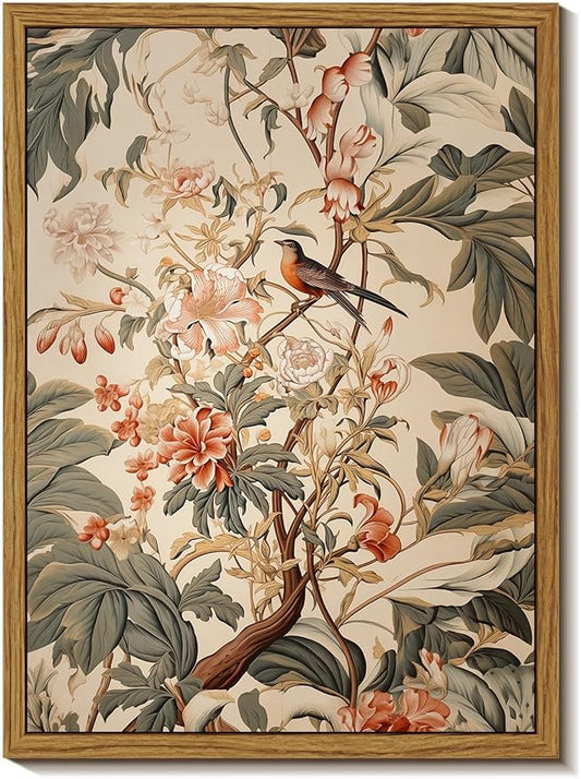 Djmwtb Framed Vintage Wall Art, Botanical Flower Wall Art,Birds Pictures Wall Decor,Nature Paintings Canvas Artwork Prints for Bedroom, Living Room 16x24in