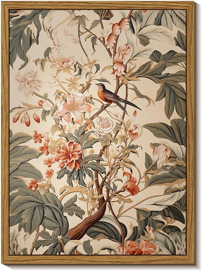Djmwtb Vintage Framed Wall Art Floral Bird Canvas Wall Art Prints Botanical Flower Painting Nature Pictures Artwork for Bedroom Living Room Office 12x16in