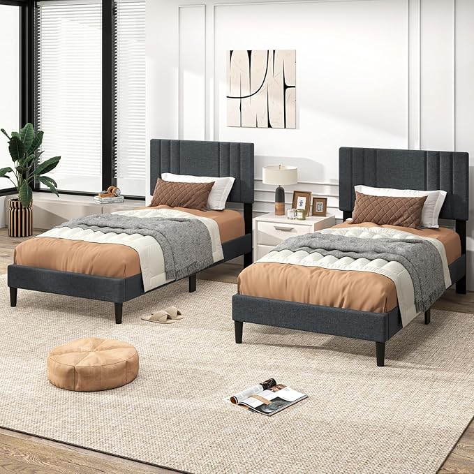 Giantex Twin Bed Frames with Headboard, Modern Upholstered Platform Bed Frame with Vertical Channel Tufted Headboard, Wooden Slats Support, No Box Spring Needed, Gray