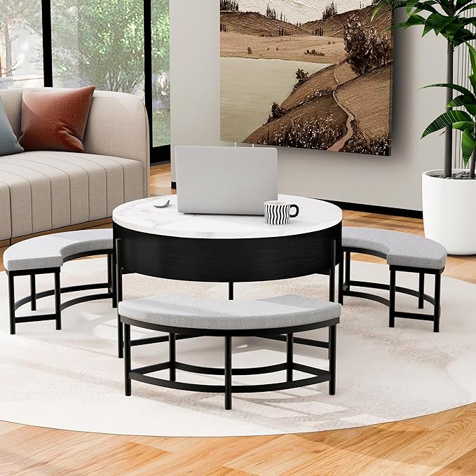 WILLIAMSPACE 31.5" Lift Top Coffee Table Set with Storage & 3 Upholstered Nesting Ottoman, Modern Round Marble Coffee Table Accent Center Table for Living Room, Apartment, White & Black