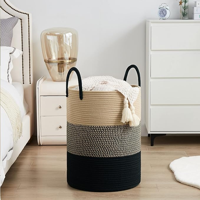 Woven Rope Laundry Hamper Basket, 100L Tall Laundry Basket, Baby Nursery Hamper for Blanket Storage, Clothes Hamper for Laundry in Bedroom-Extra Large-Black Brown