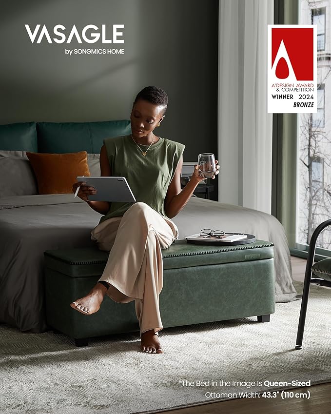 VASAGLE EKHO Collection - Storage Ottoman Bench, Entryway Bedroom Bench, 25 Gallons, Synthetic Leather with Stitching, Mid-Century Modern, Safety Hinges, Loads 660 lb, Forest Green ULOM075C01