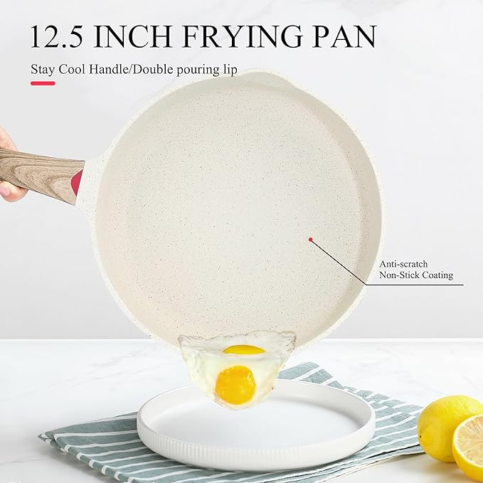 Vinchef Nonstick Frying Pan Anti Scratch,12.5 Inch Skillet Cast Aluminum Cookware, Induction Compatible White