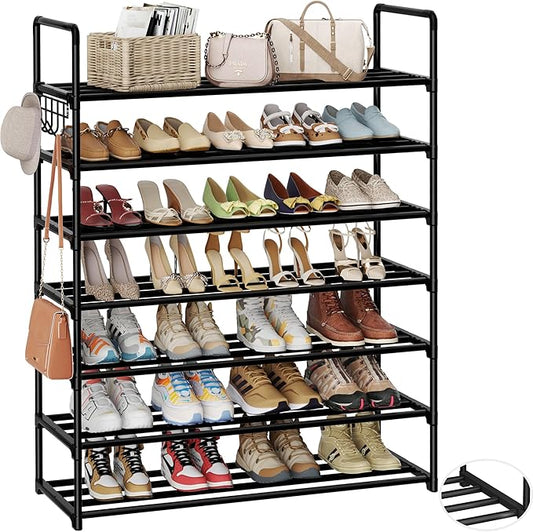 Metal Shoe Organizer,7 Tiers Shoe Storage Shoe Rack with Hooks,Fit 28-35 Pairs,Adjustable Shoe Shelf for Entryway,Hallway,Bedroom,Metal Bottom Support