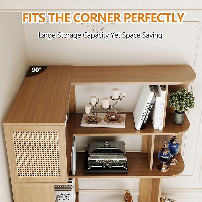 Corner Bookshelf 7-Tier,Farmhouse Corner Shelf,Tall Book Shelf L-Shaped Shelf Display Rack for Bedroom,Large Etagere Bookcase for Home Office Shelves(M-Walnut Wood)