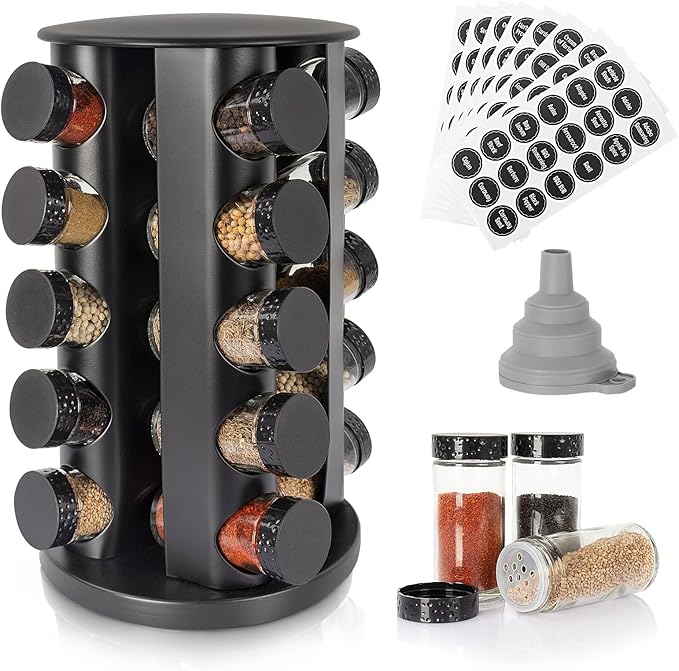 Black Countertop Rotating Spice Rack, Round Empty 20-Jars Revolving Spice Rack Organizer, 135 Spice Labels with Funnel Complete Set, for Kitchen Countertop, Cabinet