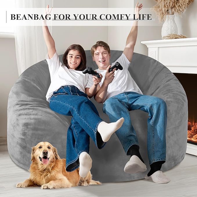 Homguava 5 FT Bean Bag Chair: 5' Bean Bags with Memory Foam Filled, Large Beanbag Chairs Soft Sofa with Dutch Velvet Cover-Light Grey