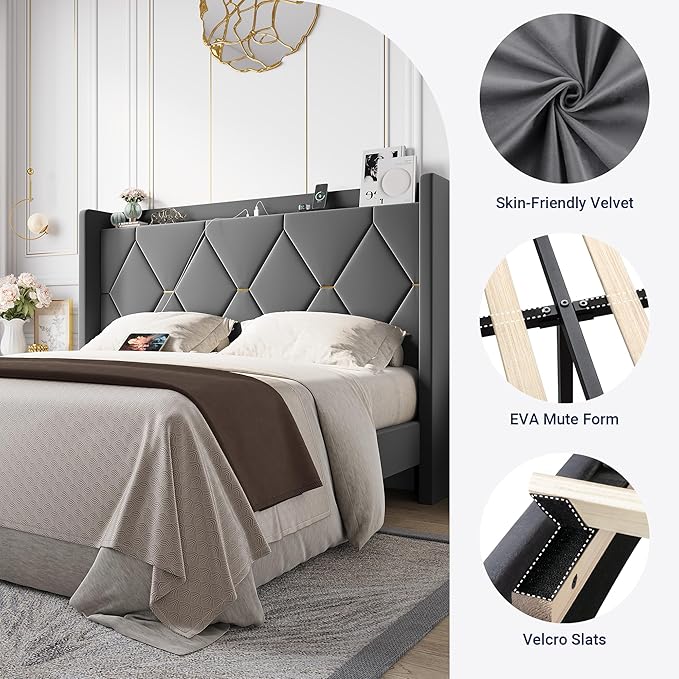 Allewie Velvet Queen Upholstered Bed Frame with Wingback Storage Headboard & Charging Station, Platform Bed with Diamond Tufted Design & Gold Trim, No Box Spring Needed, Easy Assembly, Grey