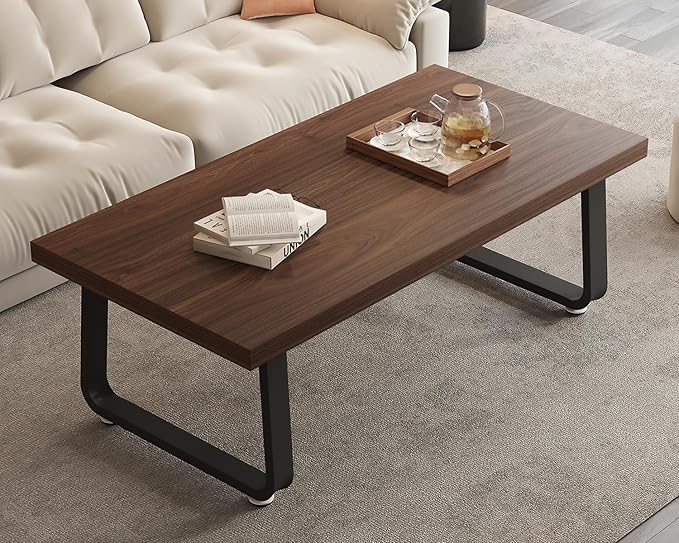 HSH Rustic Walnut Coffee Table, Modern Center Table, Rectangle Industrial Living Room Coffee Table, Simple Farmhouse Wood and Metal Tea Table for Home Bedroom Office, Walnut, 47 in