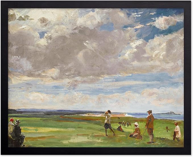 Poster Master Vintage Lady Astor Playing Golf at North Berwick Painting Print - Retro Golf Course Poster - Sports Art - Landscape Wall Design - Office or Living Room Wall Decor - 16x20 Black Framed