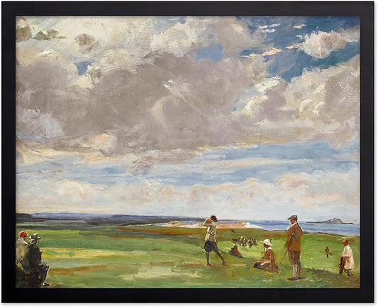 Poster Master Vintage Lady Astor Playing Golf at North Berwick Painting Print - Retro Golf Course Poster - Sports Art - Landscape Wall Design - Office or Living Room Wall Decor - 16x20 Black Framed