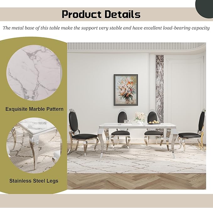 7-Piece Dining Table Set for 6, Faux Marble Modern Dining Table Set with 6 Big Oval Backrest Chairs, 70“ Stainless Steel Legs Table & Chair Set for Kitchen, Dining Room, Black & Silver