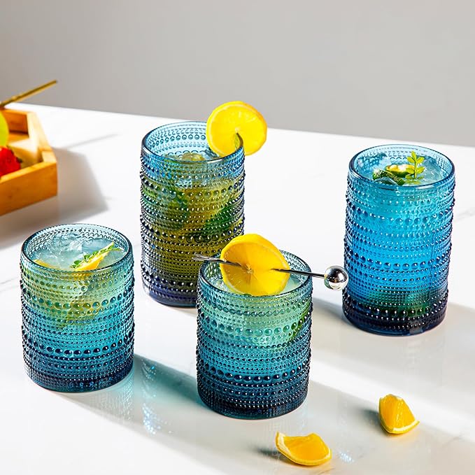 Set of 8 Hobnail Drinking Glasses Vintage Blue Glassware - 4 Highball Glasses 14 oz, 4 Rocks Glass Cup 11 oz, Embossed Old Fashioned Glassware for Water,Wine,Beer,Juice, (Cornflower Blue)