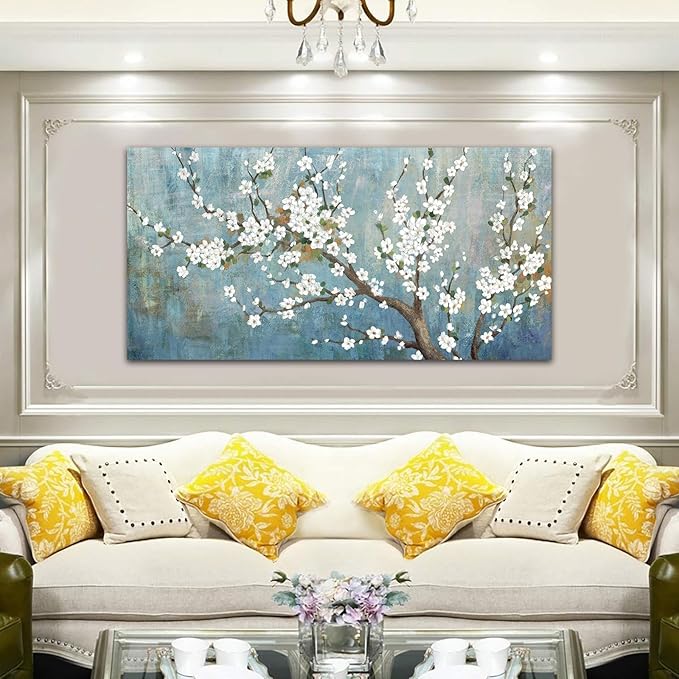 Elegant Flowers Canvas Wall Art - Plum Blossom Pictures for Wall Decor Rustic Turquoise Canvas Painting Nature Printing Artwork for Living Room Bedroom Home Office Wall Decoration 29" x 58"