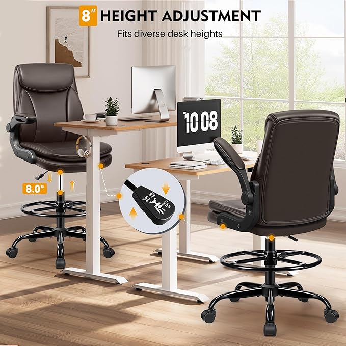 Drafting Chair Tall Office Chair Leather Executive Office Chair with Adjustable Foot Ring Flip Up Armrest - Comfy Ergonomic Desk Chairs with Lumbar Support for Office Home Studio - Brown