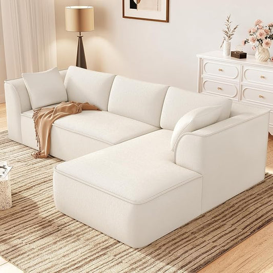 Vesgantti 106" Boneless Couch with Chaise, Deep Seat Cloud Sofa Sectional, Chenille Memory Foam Modular Couches for Living Room, No Assembly Required (Creamy Beige, Right-Facing Chaise)